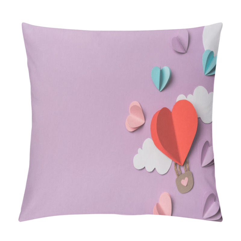 Personality  top view of colorful paper hearts and clouds around heart shaped paper air balloon on violet background pillow covers