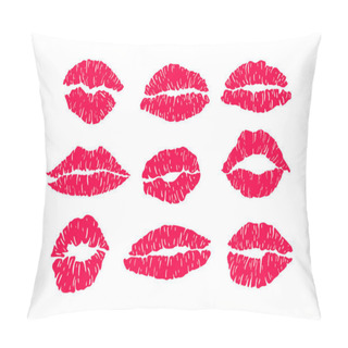 Personality  Red Mark Kisses Lipstik Pink Mouth Set. Hand Drawn Shape Beauty Sexy Silhouette Isolated On White Background. Vector Icon. Pillow Covers