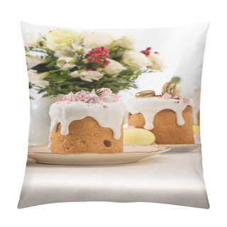 Personality  Selective Focus Of Delicious Easter Cakes With Golden French Macaroons And Meringue On Icing Near Floral Bouquet Pillow Covers