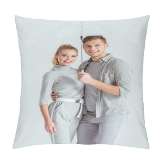 Personality  Beautiful Couple Looking At Camera And Posing Under Transparent Umbrella On Isolated On Grey Pillow Covers
