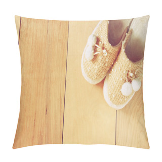 Personality  Top View Of Warm Woman Slippers Over Wooden Floor Pillow Covers