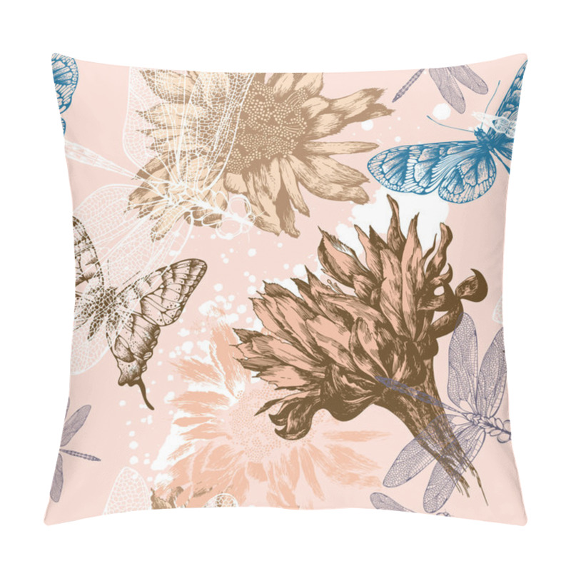 Personality  Seamless background with pink flowers blooming, butterflies and dragonflies, hand-drawing. Vector. pillow covers