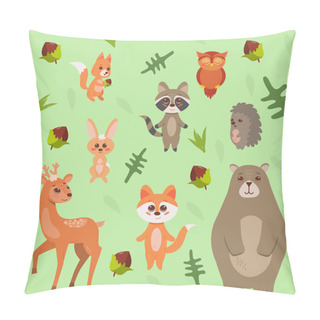 Personality  Cute Forest Animals On The Floral Abstract Background. Vector Illustration Pillow Covers