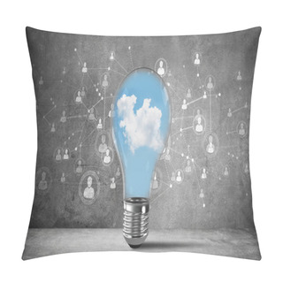 Personality  Lightbulb With Blue Skyscape And Clouds Inside Placed Against Sketched Social Network System On Wall. 3D Rendering. Pillow Covers