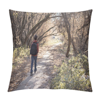 Personality  Teenager Boy With Backpack Walking On Path In Autumn Park. Active Lifestyle, Back To School. Student Boy In Fall Forest. Pillow Covers