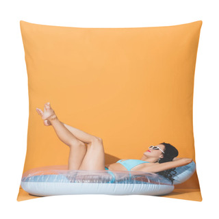 Personality  Barefoot Woman In Sunglasses And Swimwear Lying On Inflatable Ring On Orange  Pillow Covers