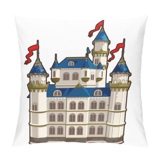 Personality  Fairytale Castle With Blue Roof And Red Flags In Cartoon Design. Vector Illustration Isolated On A White Background Pillow Covers