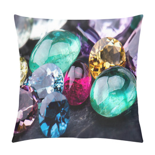 Personality  Gemstones Collection Jewelry Set Photo With Black Stone And Dark Lighting. Pillow Covers