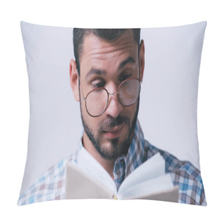 Personality  Thoughtful Nerd Student In Eyeglasses Reading Book Isolated On Grey Pillow Covers