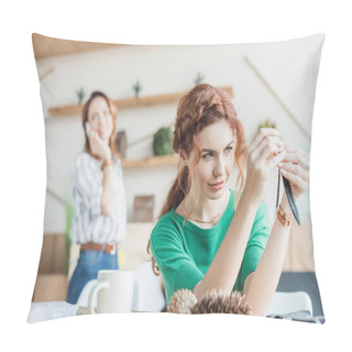 Personality  Concentrated Young Woman Making Accessories At Workshop Pillow Covers