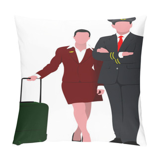 Personality  Flight Crew. Cheerful Pilot And Stewardess With Trolley, Isolate Pillow Covers