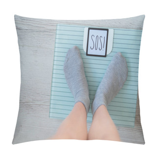 Personality  The Fat Woman Is Weighed. A Top View Of Female Feet In Gray Socks Stands On An Electronic Scale. SOS Inscription On The Display Of The Floor Scale. Pillow Covers