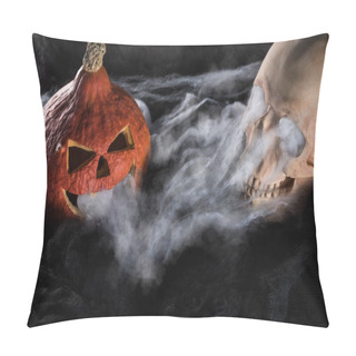 Personality  Spooky Human Skull And Carved Halloween Pumpkin On Black Background Pillow Covers