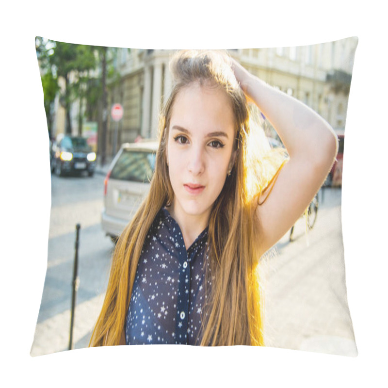 Personality  Portrait of teenage girl. Girl with a birthmark over her lip. Spring sunny concept. 8 March. Happy Women's Day. Beautiful girl walking in the city. pillow covers