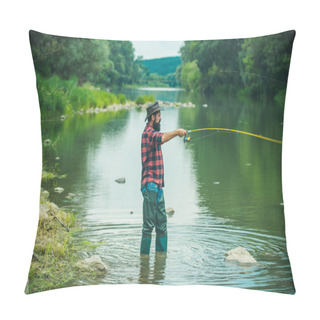 Personality  Elegant Bearded Brutal Hipster Fishing. Young Man Fishing. Summer Weekends Or Vacation. Perfect Weekend. Active Sunny Day. I Am Happiest Man. Senior Man Fishing. Good Profit. Pillow Covers