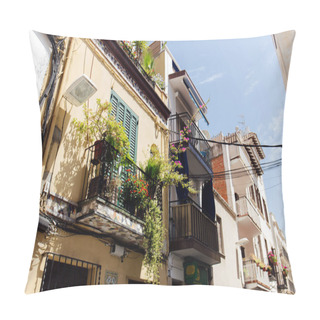 Personality  Urban Street With Plants On Balcony And Blue Sky At Background In Catalonia, Spain  Pillow Covers