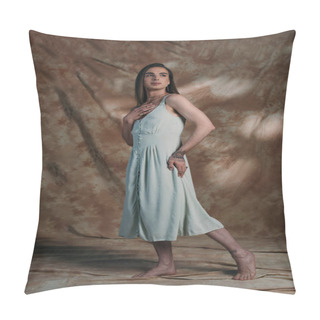 Personality  Full Length Of Barefoot Nonbinary Person In Dress Standing On Abstract Background  Pillow Covers