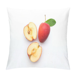 Personality  Group Of Fresh Organic Ripe Red-yellow Dwarf Apple, Princess Apples,apple, Mini Apple, Small Apple,cherry Apple, Shiny Red Apples Whole Apple, Half And A Slice With Green Leaf On White Backdrop Pillow Covers