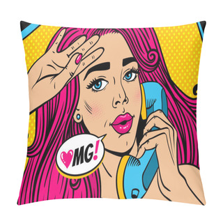 Personality  Pop Art Female Face. Closeup Of Sexy Young Woman With Pink Hair And Open Mouth Lying In Bed And Holding Old Phone Handset And OMG! Speech Bubble. Vector Colorful Illustration In Retro Comic Style. Pillow Covers