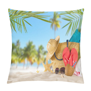 Personality  Tropical Beach With Accessories On Sand, Summer Holiday Backgrou Pillow Covers