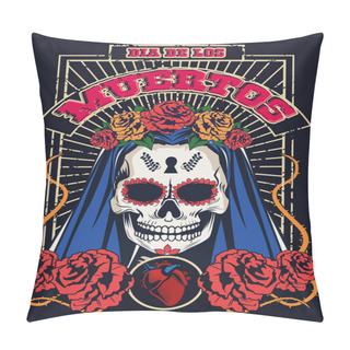Personality  Dia De Los Muertos Celebration With Woman Skull And Heart Pillow Covers