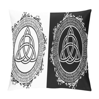 Personality  Triquetra Circular Runic Frame. Celtic Knot, A Triangular Figure, Used In Ancient Ornamentation, Surrounded By A Border, Made Of Runes. Vector Illustration.Trinity Knot Icon Black And White Color Pillow Covers