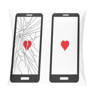 Personality  Broken Smart Phone With Cracks All Over The Screen And A Broken Red Heart. And A Whole Phone With A Whole Heart. Suitable For Phone Repair Services. Pillow Covers