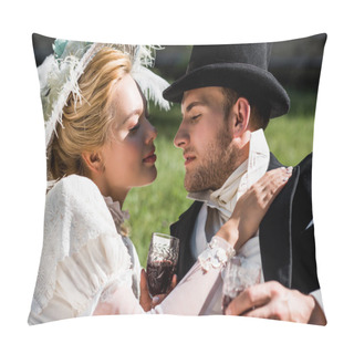 Personality  Handsome Aristocratic Man Near Attractive Victorian Woman In Hat  Pillow Covers