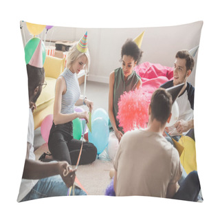 Personality  Group Of Young Multicultural Friends In Party Hats Sitting On Floor With Balloons In Decorated Room  Pillow Covers