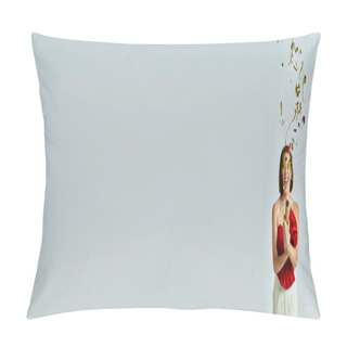 Personality  New Year Banner, Excited Young Woman In Trendy Attire Clapping Festive Confetti On Grey Backdrop Pillow Covers