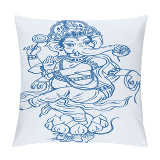 Personality  Drawing Or Sketch Of Dancing Lord Ganesha Above The Lotus And Mouse Outline Editable Vector Illustration Pillow Covers