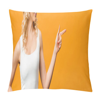 Personality  Panoramic Shot Of Blonde Woman Pointing With Finger On Orange  Pillow Covers