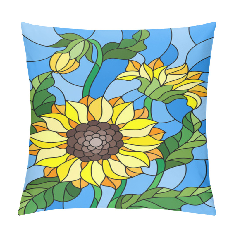 Personality  Illustration in stained glass style with a bouquet of sunflowers, flowers,buds and leaves of the flower on blue background pillow covers