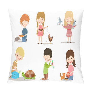 Personality  Set Of Kids Feeding And Taking Care Of Wild And Pet Animals. Vector Illustration In Flat Cartoon Style. Pillow Covers