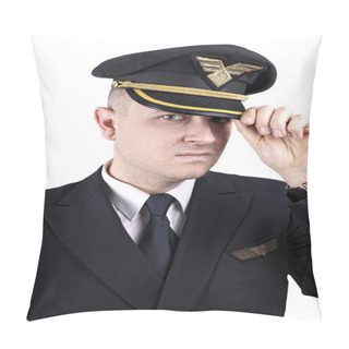 Personality  Serious Young Pilot In Uniform On A White Background Pillow Covers