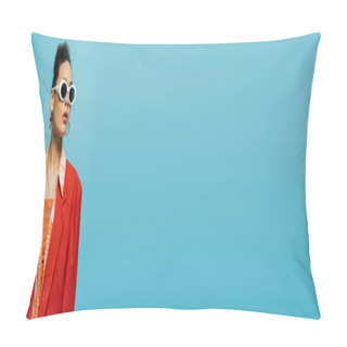 Personality  African American Woman In Hoop Earrings, Sunglasses And Vibrant Outfit Posing On Blue, Banner Pillow Covers