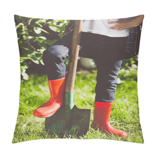 Personality  Toned Photo Of Young Woman Holding Leg In Rubber Boots On Shovel Pillow Covers
