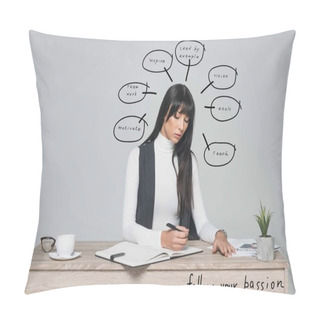 Personality  Attractive Brunette Businesswoman Writing Something At Table Isolated On Gray With Speech Bubbles And Follow Your Passion Inscription Pillow Covers