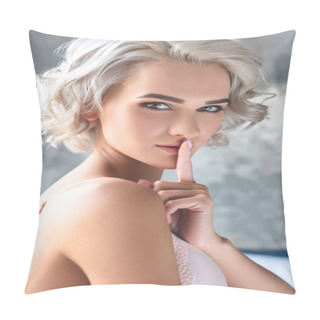 Personality  Close-up Portrait Of Seductive Young Woman In Underwear Standing In Loft Bedroom And Showing Silence Gesture At Camera Pillow Covers
