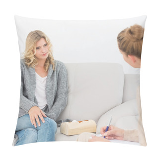 Personality  Blonde Woman Listening To Her Therapist Pillow Covers