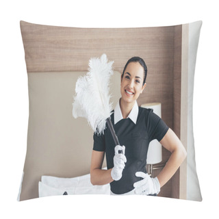 Personality  Front View Of Smiling Maid In White Gloves Holding Duster Near Bed And Looking At Camera Pillow Covers