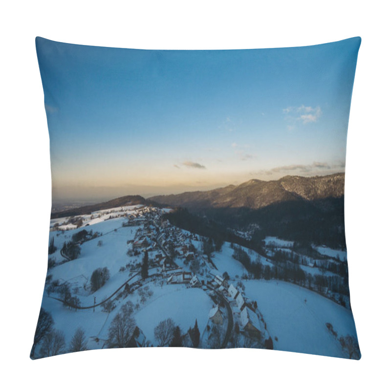 Personality  aerial view of beautiful winter landscape with hills and buildings, Germany pillow covers