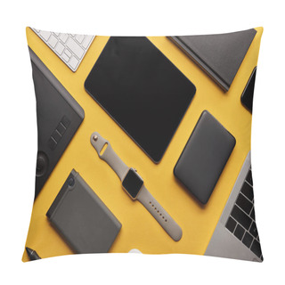Personality  Flat Lay With Different Wireless Devices On Yellow Surface Pillow Covers