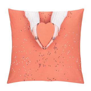 Personality  Gift Box With Bow In Woman's Hands. Living Coral - Color Of The Year 2019. Pillow Covers