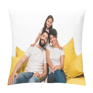 Personality  Cheerful Latin Parents Smiling While Sitting On Sofa Near Daughter Isolated On White  Pillow Covers