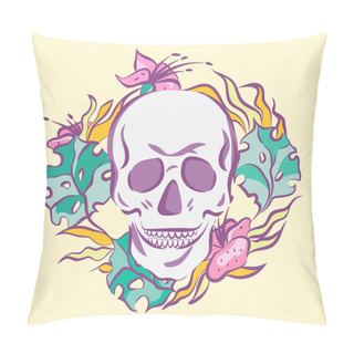 Personality  Colorful Skull In Floral Wreath. Old School Vector Illustration. Retro Colors Pillow Covers