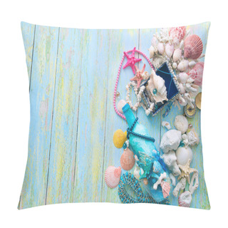 Personality  Casket And A Bottle Decorated With Shells On A Wooden Background With Peeled Paint And Cracks Background With Corals In Blur And Out Of Focus Pillow Covers