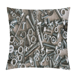 Personality  Top View Of Metal Screws And Nails Scattered On Grey Background Pillow Covers