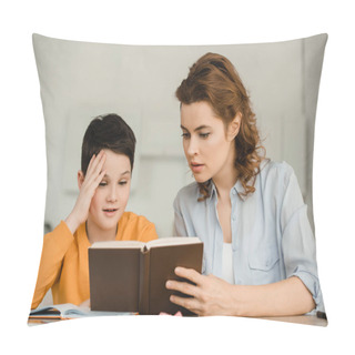 Personality  Pretty Woman With Cute Son Reading Book While Doing Schoolwork Together Pillow Covers