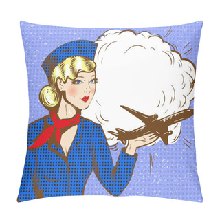 Personality  Vector Pop Art Illustration Of Stewardess With Airplane Pillow Covers